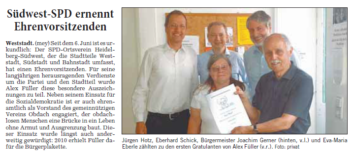 Dr. Alex Füller wird Ehrenmitglied der SPD-Weststadt