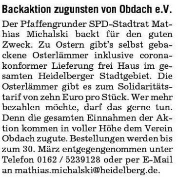 Oster-Backaktion zugunsten von OBDACH e.V.