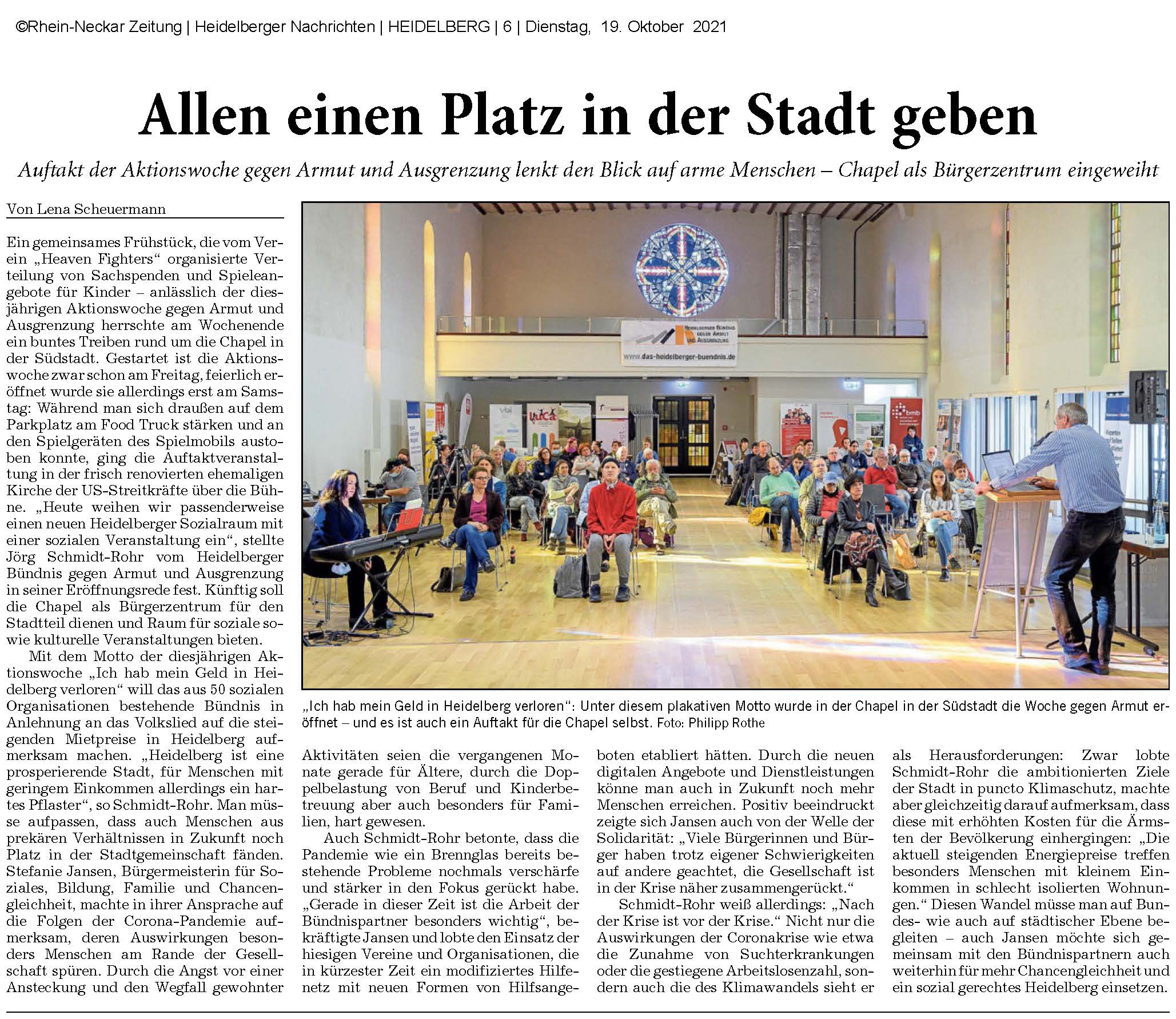 Artikel der Rhein-Neckar Zeitung vom 19.10.21 zur Auftaktveranstaltung der Armutswoche